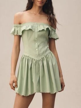 Mare Mare Anthropologie Off The Shoulder Bodice Lace Trim Green Romper Size M